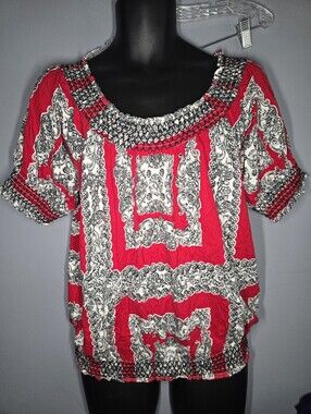 Style & Co Smocked Neck BoHo Blouse-Womens XL-Red/White/Black-Casual shirt-tunic